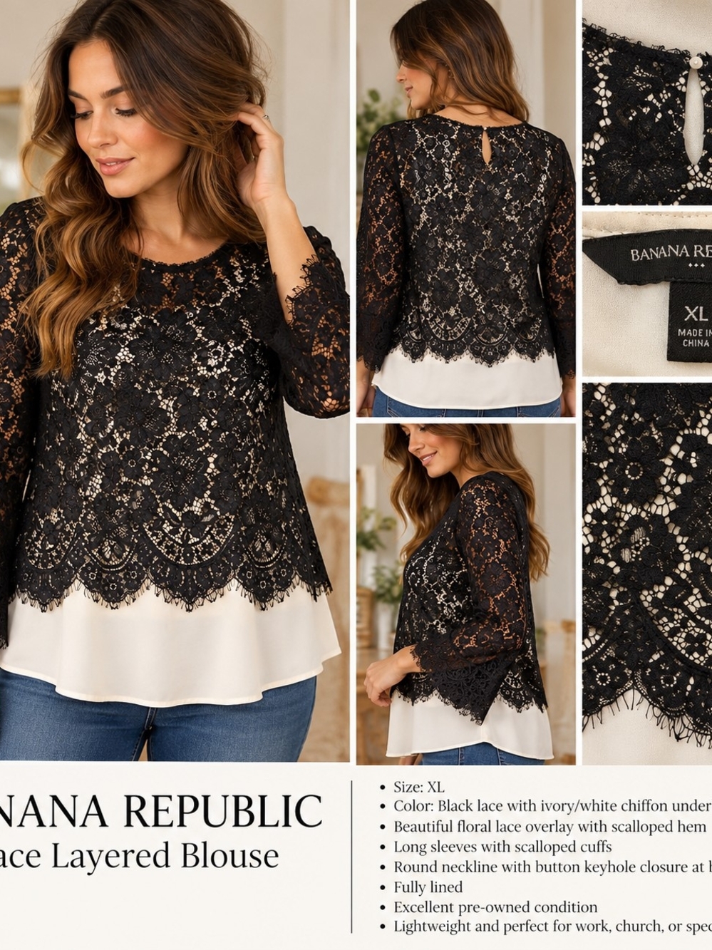 Banana Republic factory Black Lace Layered Blouse – Size XL